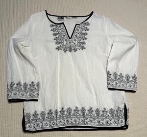 Edward Women’s Linen Tunic Blouse M White/Black Embroidered Split 3/4 Sleeve